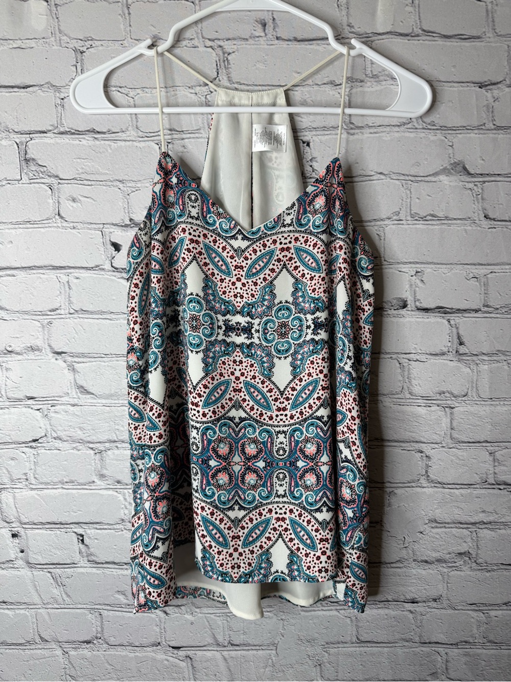 Express Barcelona cami Printed Paisley-Style Halter Tank Top - Teal & Pink XS